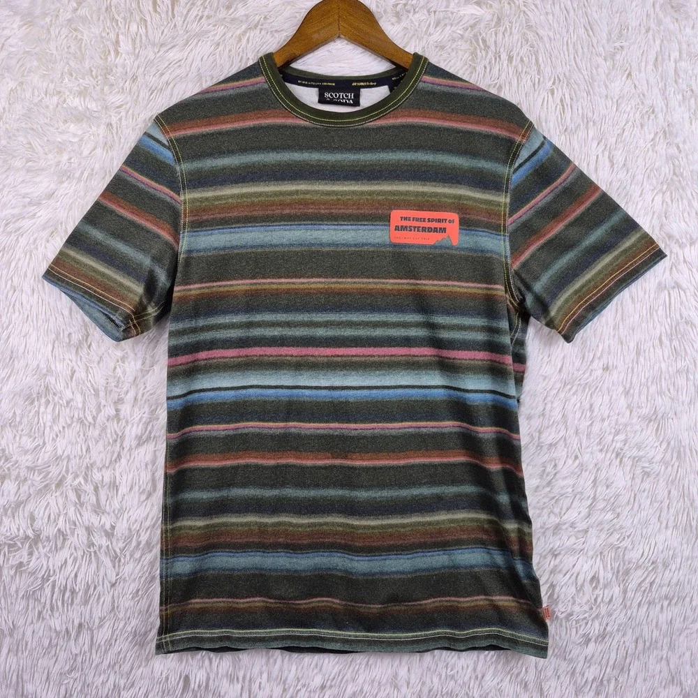 Scotch & Soda Amsterdam Mens Striped Short Sleeve T-Shirt Green Multi Size M